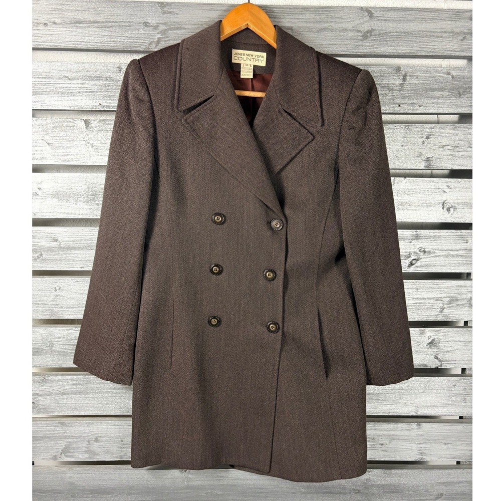 Vintage Jones New York Country Brown Wool Double Breasted Blazer Coat Womens 10